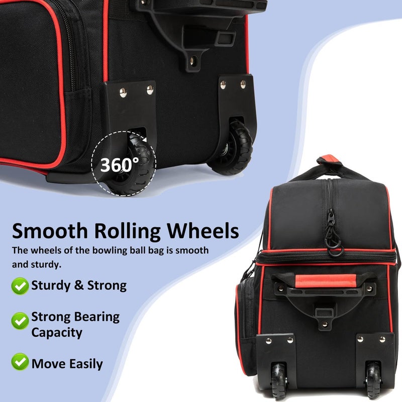 MARITTON Bowling Bag with Wheels Double Roller 2 Ball Bowling Separate Shoe Compartment and Oversized Accessory Pocket, 36.6" Extendable Handle. - Image 3